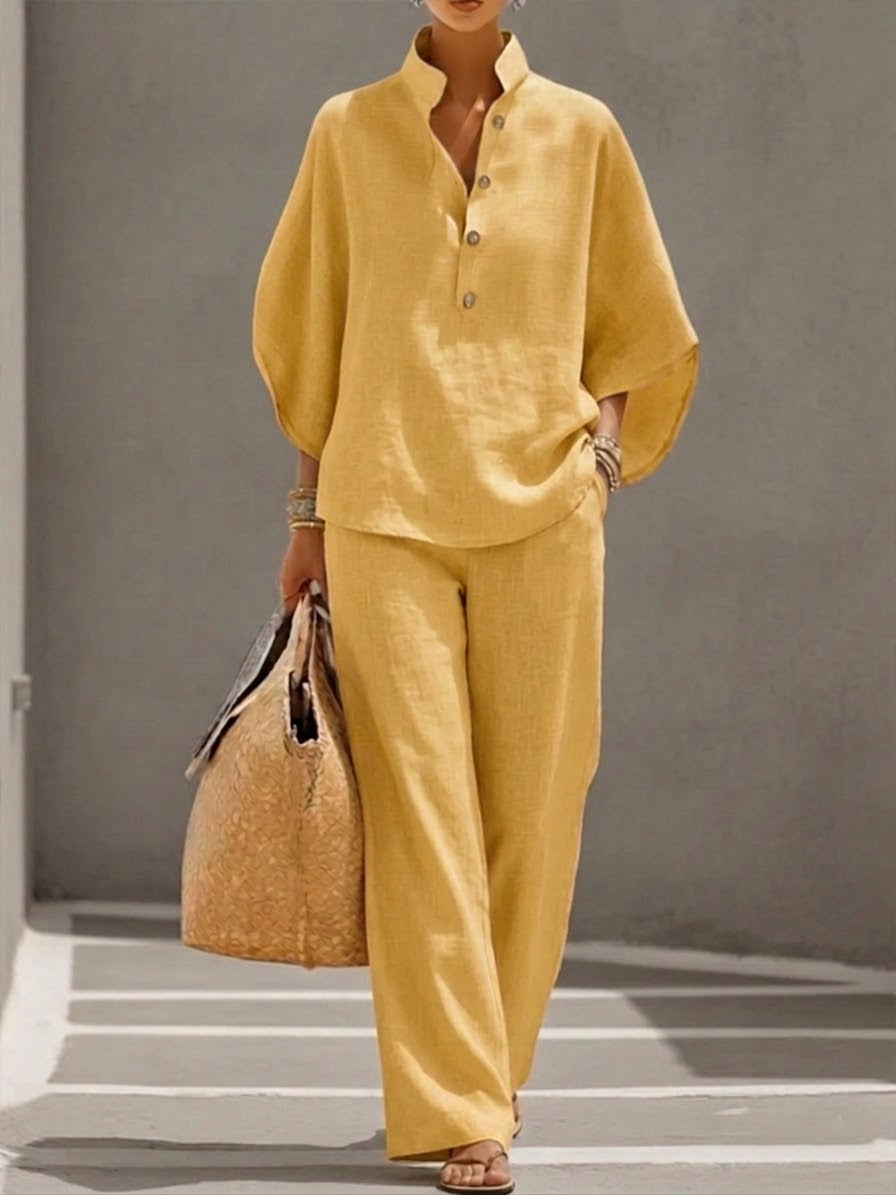 Mariel | Conjunto Algodón Lino Mangas Murciélago Pantalón Ancho