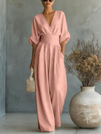 Amelia - Mono elegante con escote en V, cintura alta y pierna ancha