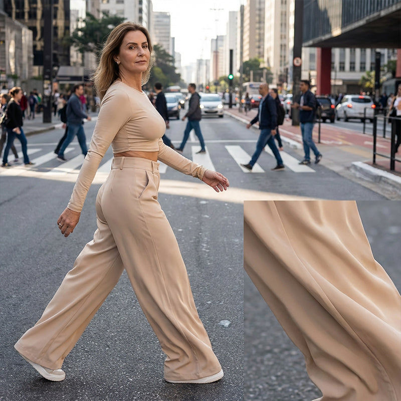RUIZ | Pantalón de cintura ancha y pierna ancha de color liso para mujer