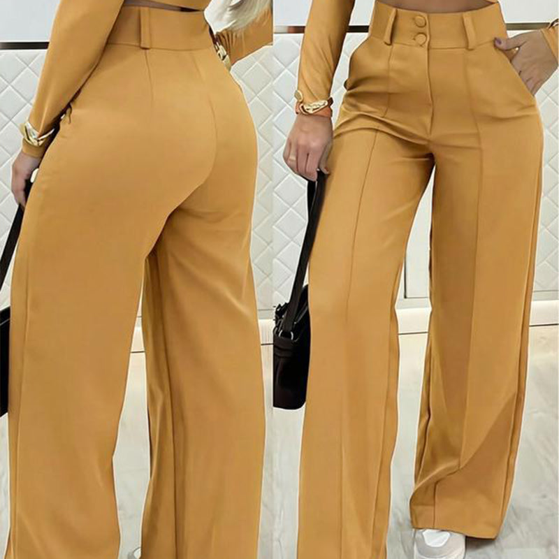 RUIZ | Pantalón de cintura ancha y pierna ancha de color liso para mujer