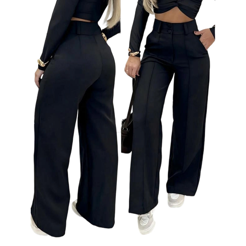 RUIZ | Pantalón de cintura ancha y pierna ancha de color liso para mujer