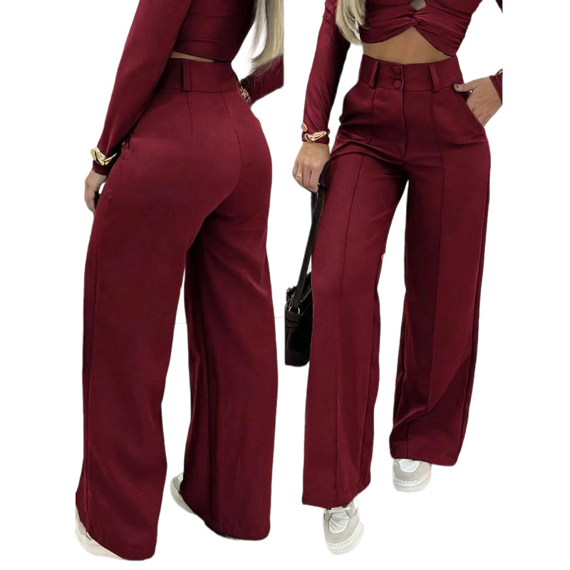 RUIZ | Pantalón de cintura ancha y pierna ancha de color liso para mujer