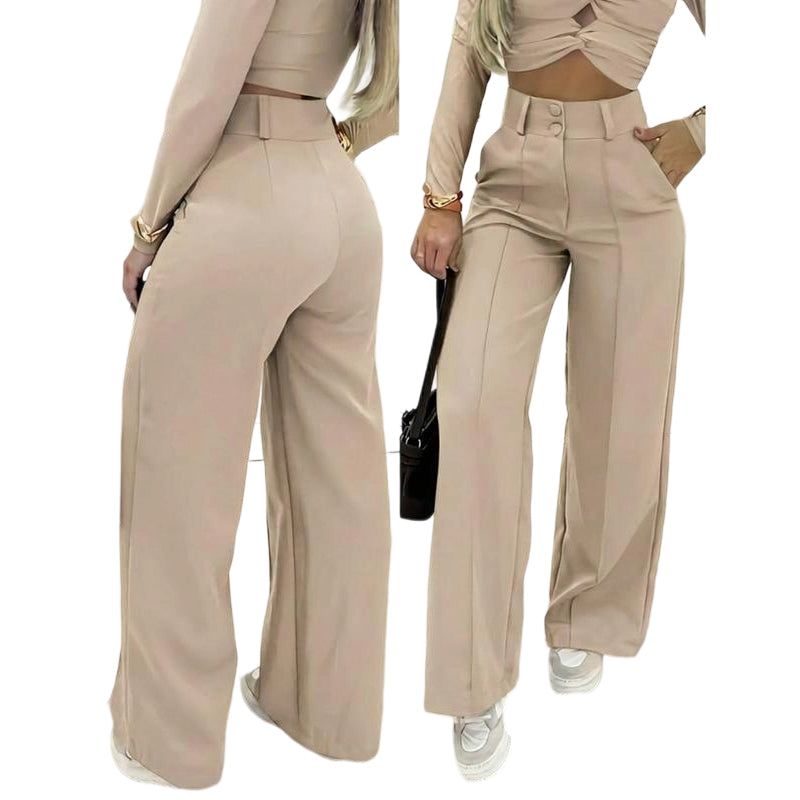 RUIZ | Pantalón de cintura ancha y pierna ancha de color liso para mujer