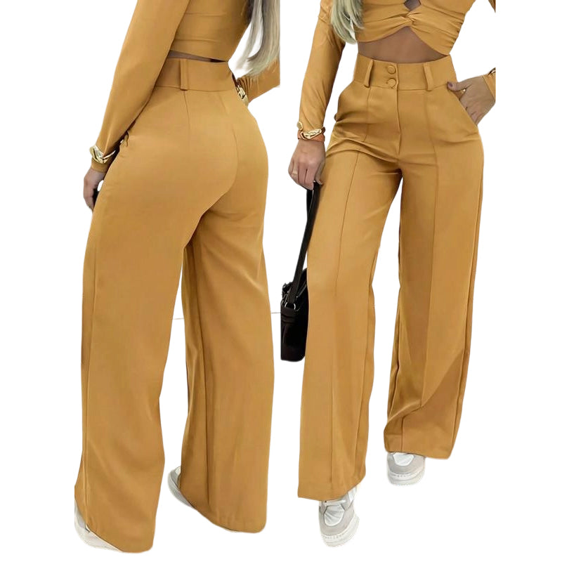 RUIZ | Pantalón de cintura ancha y pierna ancha de color liso para mujer