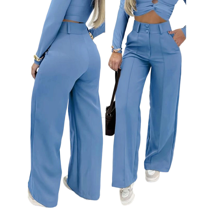 RUIZ | Pantalón de cintura ancha y pierna ancha de color liso para mujer