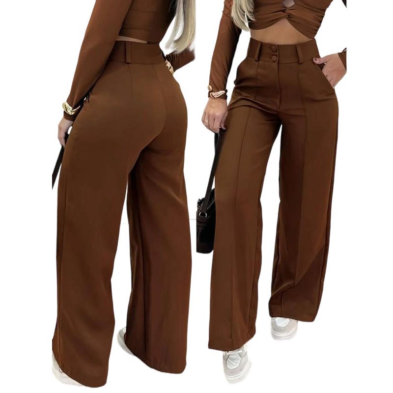 RUIZ | Pantalón de cintura ancha y pierna ancha de color liso para mujer