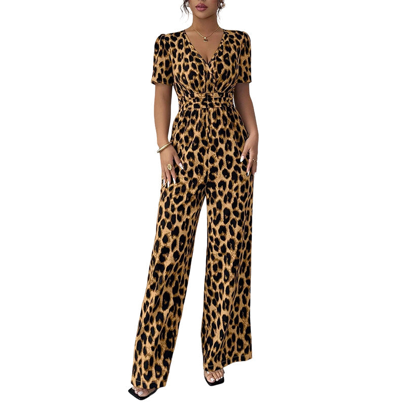 Mono cuello en V y pernera ancha, estampado leopardo