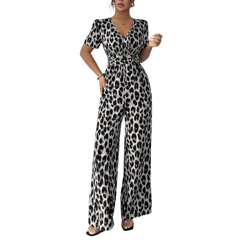 Mono cuello en V y pernera ancha, estampado leopardo