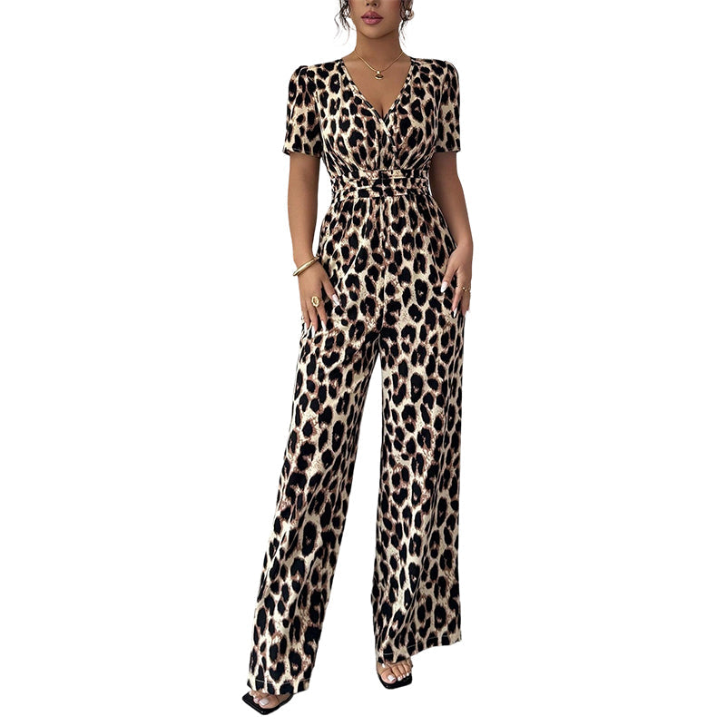 Mono cuello en V y pernera ancha, estampado leopardo