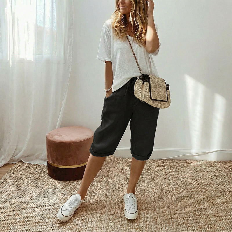 Pantalón capri casual de algodón y lino para mujer