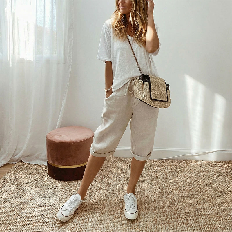 Pantalón capri casual de algodón y lino para mujer