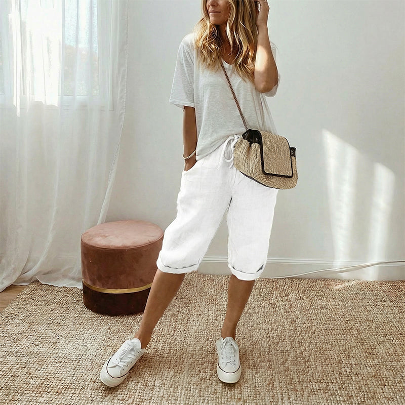 Pantalón capri casual de algodón y lino para mujer