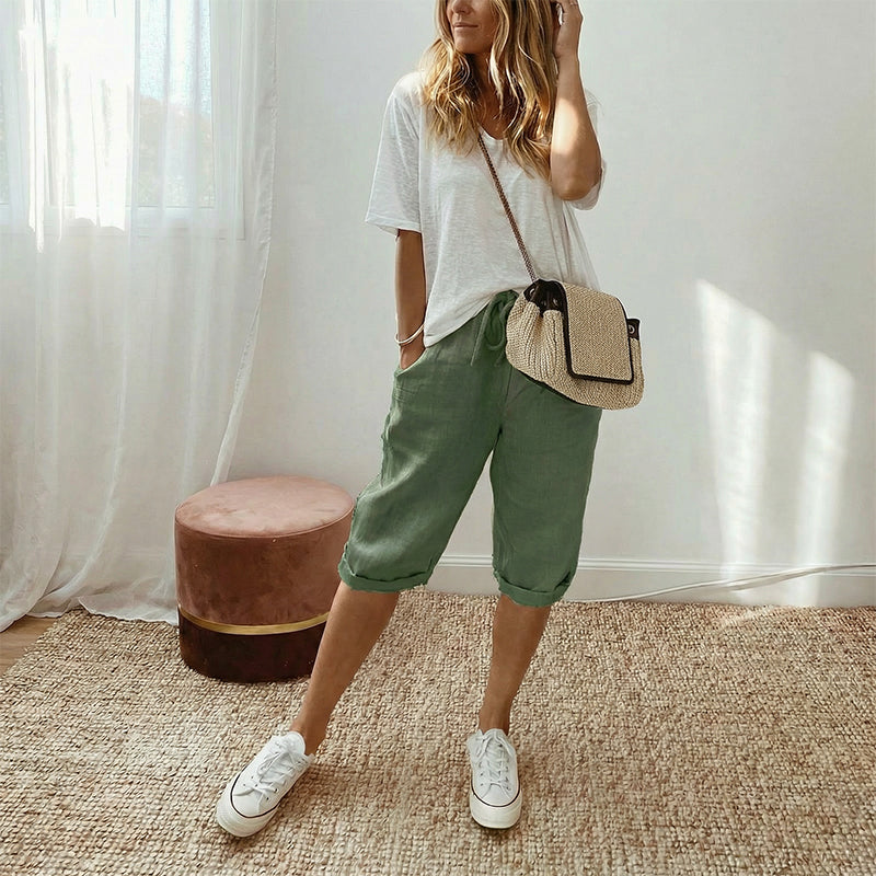 Pantalón capri casual de algodón y lino para mujer