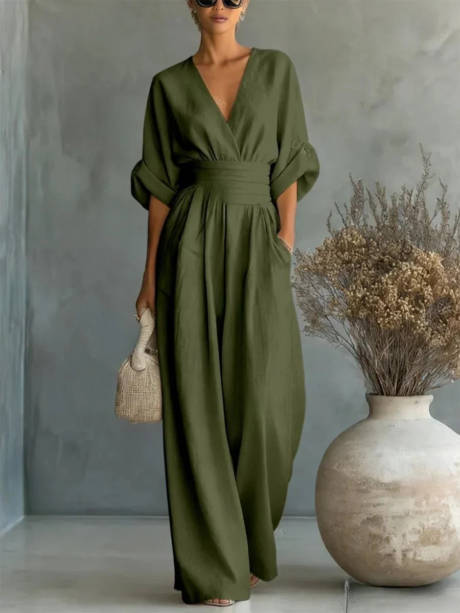 Amelia - Mono elegante con escote en V, cintura alta y pierna ancha