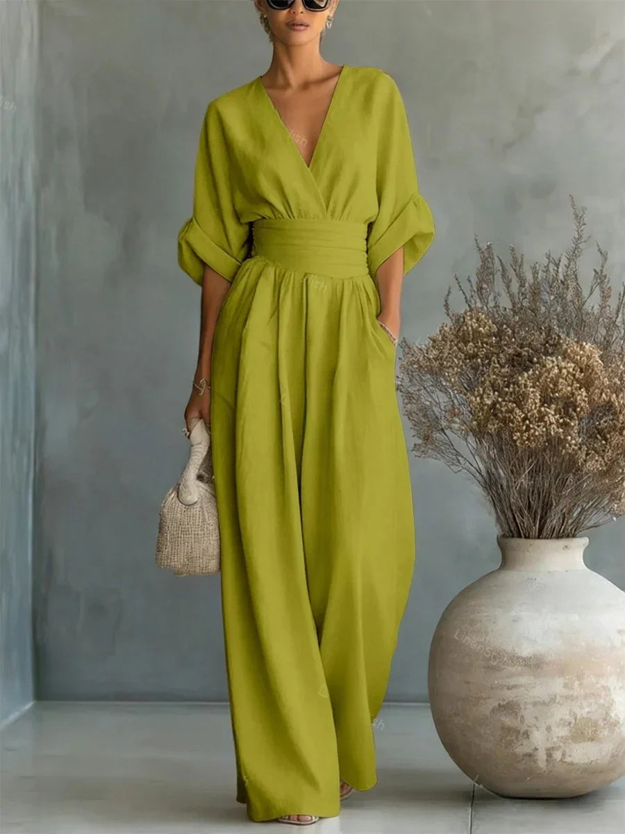 Amelia - Mono elegante con escote en V, cintura alta y pierna ancha